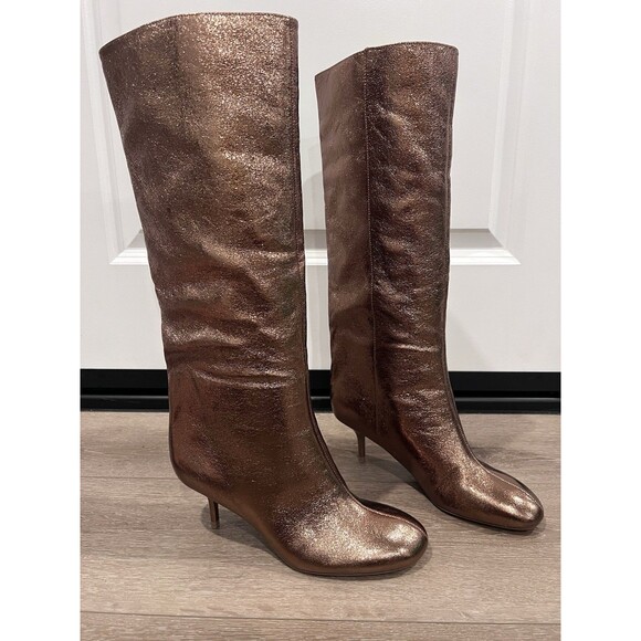 ZARA Woman Knee High Metallic Kitten Heel Boots Gold Size US 6 EU 36 UK 3 - Picture 1 of 10